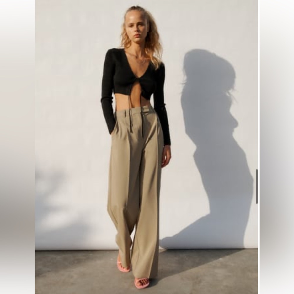 Khaki Green/Grey Wide Leg Trousers/Dress Pants